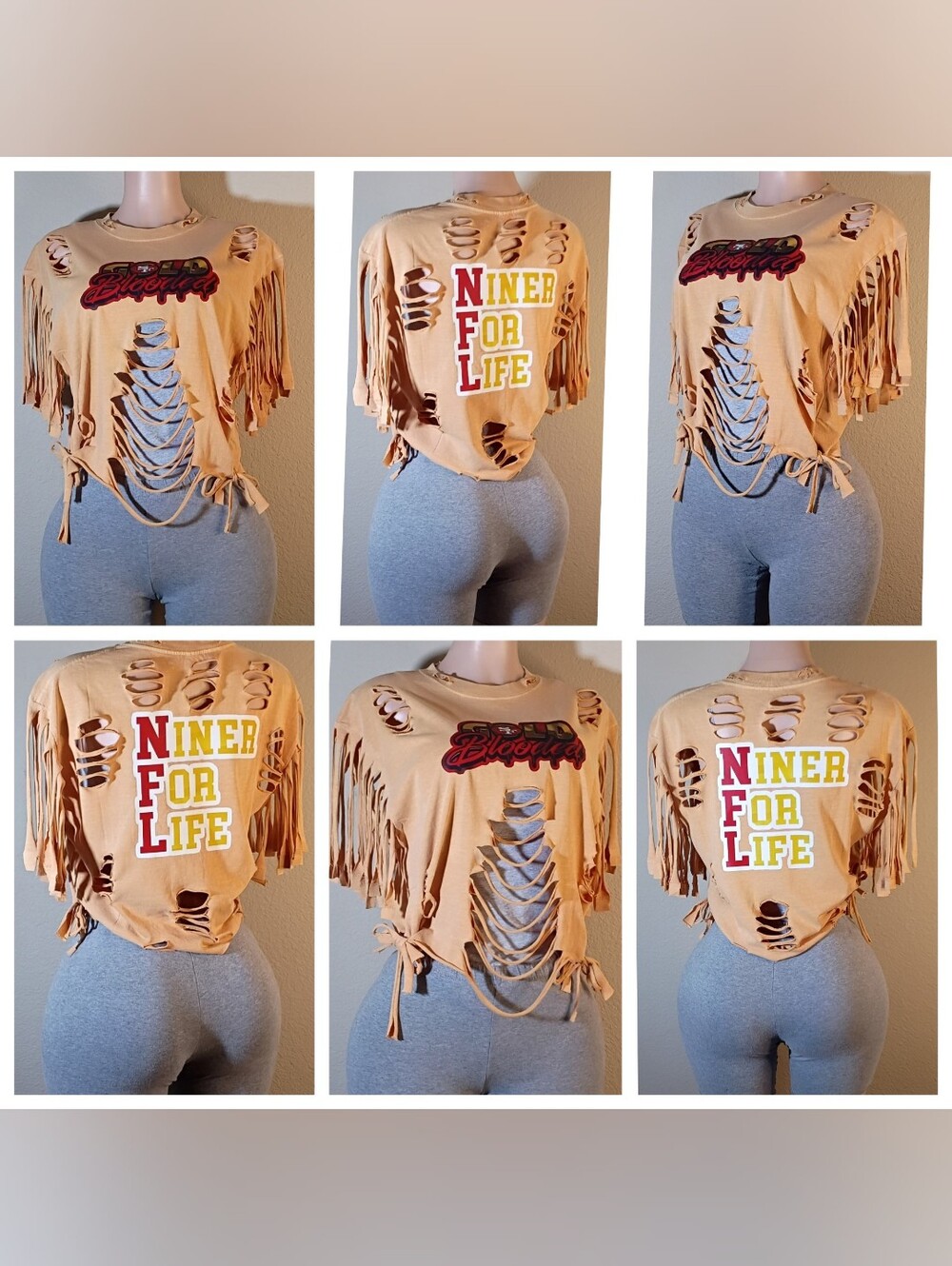 Niner For Life Custom Women's Distressed Fringe Crop Top - Tan